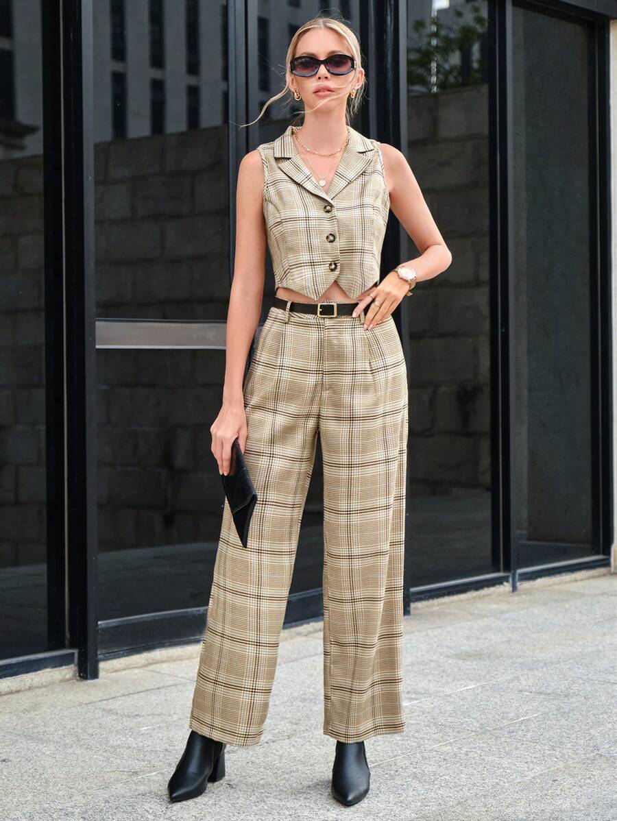 SHEIN BIZwear 格紋印花馬甲西裝外套&闊腿褲不附腰帶 - 卡其色 - 查看 1