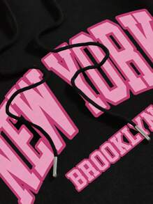 Plus Size Letter Graphic Kangaroo Pocket Drawstring Thermal Sweatshirt, For Winter - Black - View 7