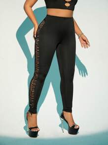 SHEIN ICON 大碼側邊鏤空緊身打底褲 - 黑色 - 查看 1