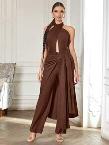 Solid Twist Front Halter Neck Backless Jumpsuit - Brown - View 1