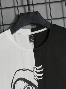 GENTILAND 男士萬聖節兩色骷髏印花T恤 - 黑與白 - 查看 3