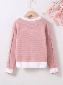SHEIN 女大童拼接邊落肩袖麻花編織套頭毛衣 - 粉色 - 查看 2