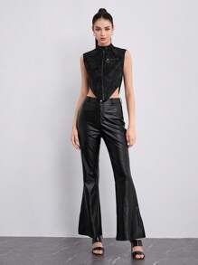 SHEINNeu Nhuộm buộc Dây kéo Viền không đối xứng Áo khoác vest - màu đen - Xem 5