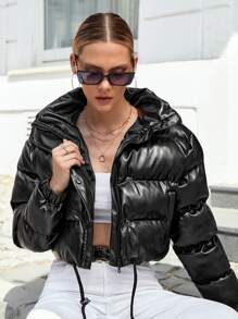 EURMUSE Drawstring Hem Zip Up Puffer Coat - Black - View 1