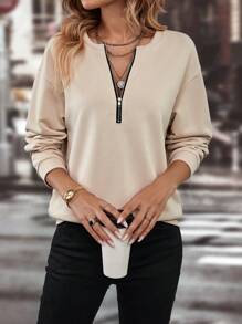 EMERY ROSE Half Zip Drop Shoulder Sweatshirt - Apricot - View 4