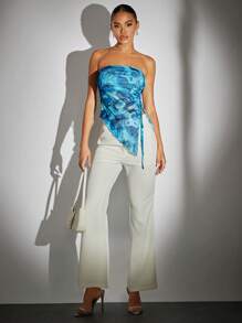 SHEIN BAE 印花側抽繩不對稱下擺網紗抹胸上衣 - 彩色 - 查看 6