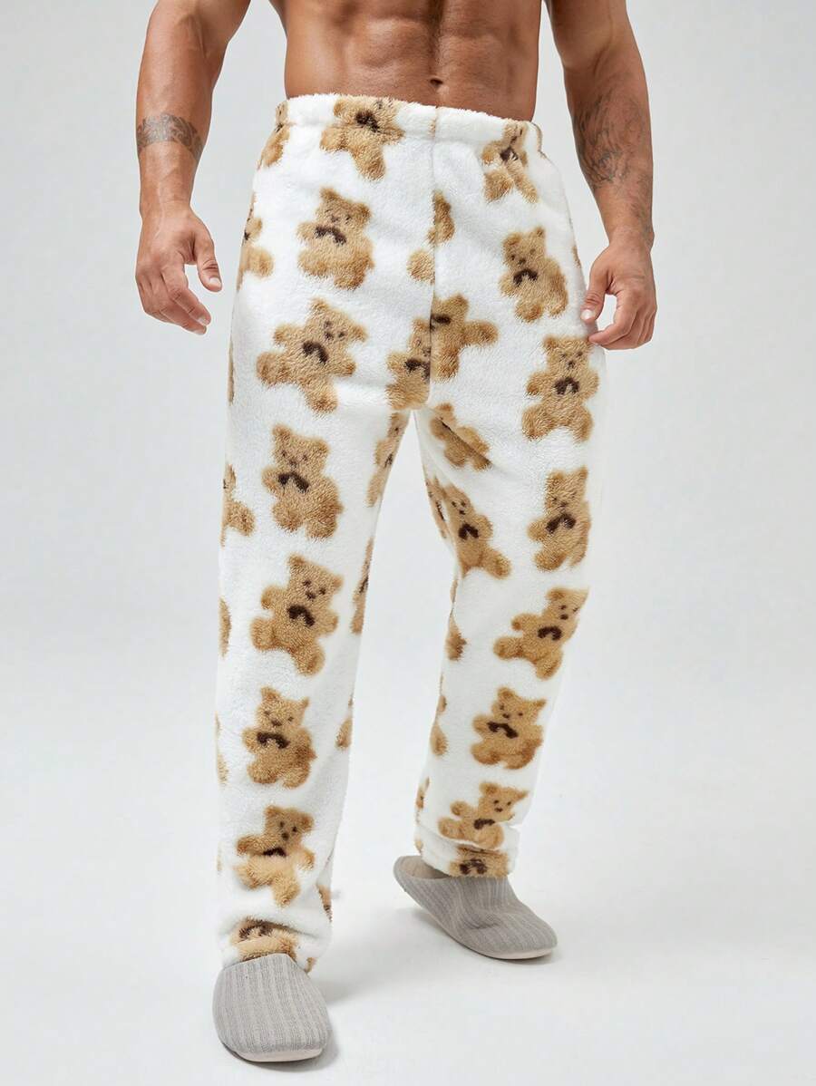 男士熊圖案絨布睡褲 - 彩色 - 查看 1