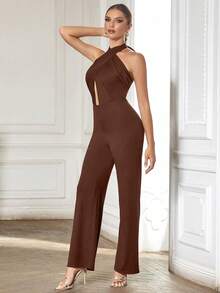 Solid Twist Front Halter Neck Backless Jumpsuit - Brown - View 6