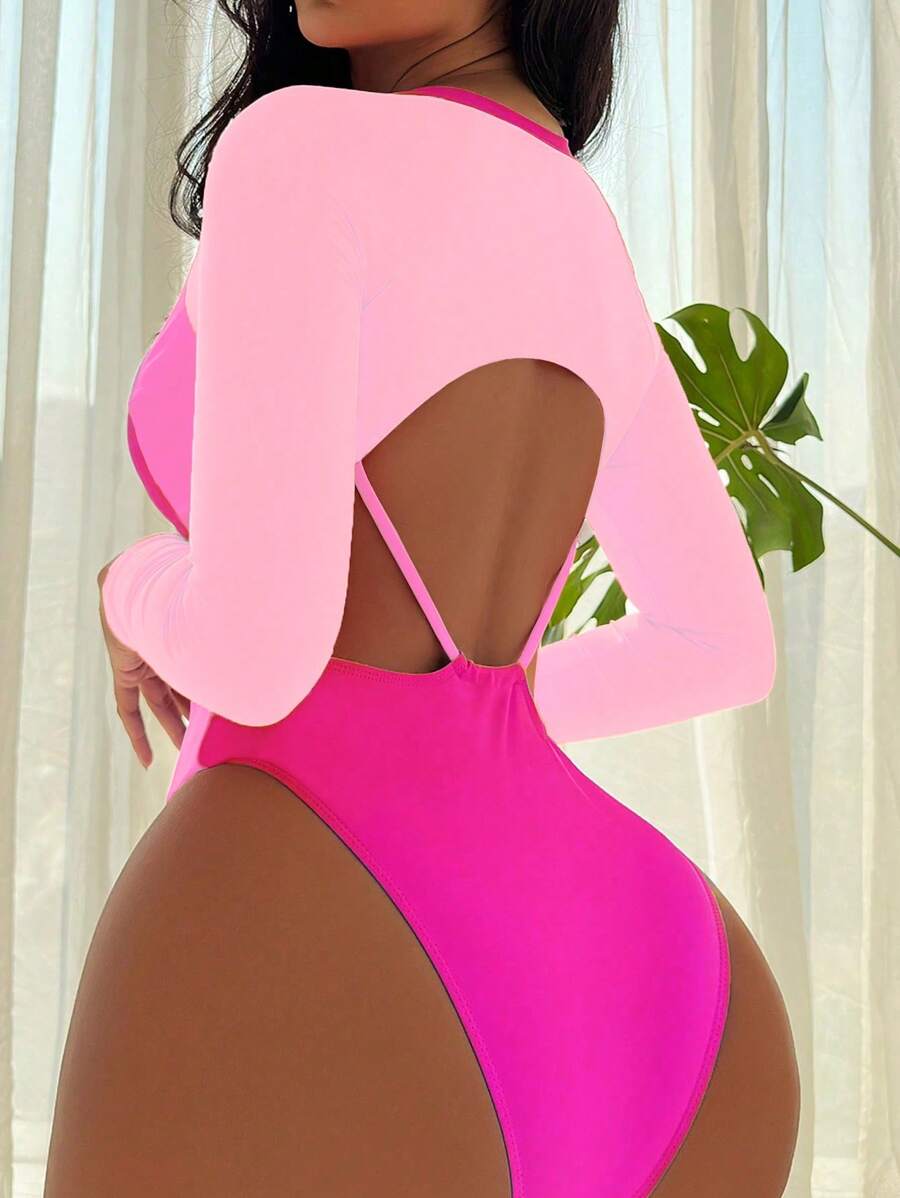 SHEIN Slayr Summer Beach Colorblock Cut Out Backless One Piece Swimsuit