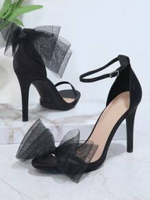 蝴蝶結細節踝帶高跟涼鞋 - 黑色 - 查看 2