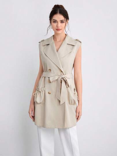 SHEINNeu 秋冬双排扣束带背心风衣