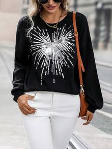 SHEIN LUNE Mẫu đồ họa Thả vai Áo len - màu đen - Xem 6