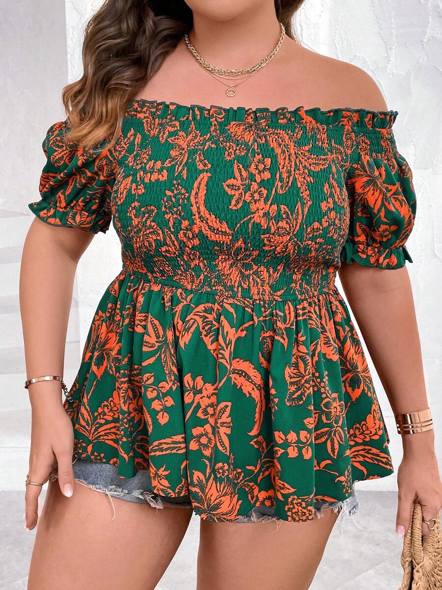 SHEIN Holidaya Hơn In hoa Off Shoulder Áo sơ mi Peplum - Màu xanh lá cây đậm - Xem 1