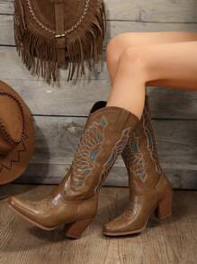 秋冬女装时尚四季西部风休闲马靴女牛仔靴女款，女式牛仔靴 - 棕色 - 查看 3