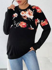 SHEIN 圓領花卉印花拼布寬鬆雙拉鍊孕婦及哺乳期運動連帽衫 - 黑色 - 查看 6