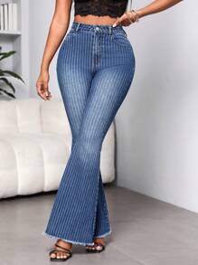 SHEIN SXY Striped Print Raw Hem Flare Leg Jeans - Dark Wash - View 5