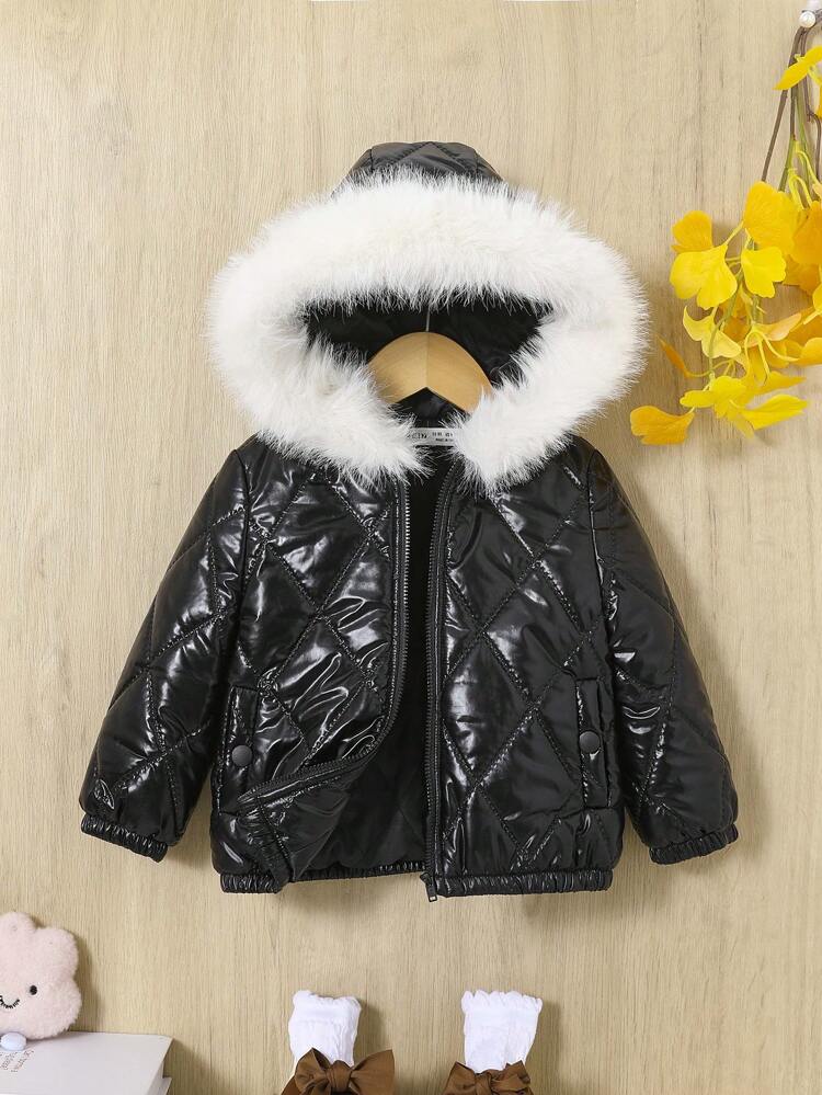 Baby Girl Casual Hooded Jacket With Shiny Surface, Warm Fur Collar For Autumn And Winter