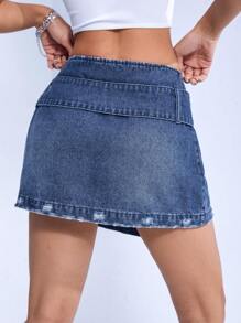 SHEIN ICON Buckle Detail Asymmetrical Hem Denim Skirt - Medium Wash - View 2
