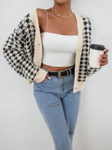 SHEIN Privé Houndstooth Pattern Drop Shoulder Cardigan - Black and White - View 1