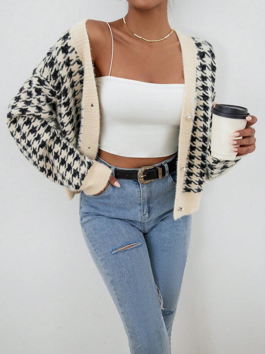 SHEIN Privé Houndstooth Pattern Drop Shoulder Cardigan - Black and White - View 1