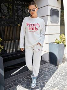 RueChic Letter Graphic Drop Shoulder Tee & Sweatpants - Beige - View 6
