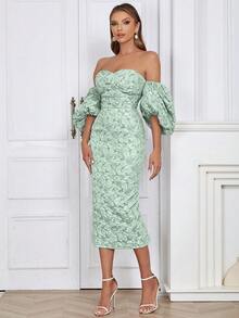 Off Shoulder Puff Sleeve Split Back Floral Jacquard Dress - Green - View 3