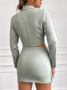 RueChic Double Button Crop Blazer & Wrap Skirt - Mint Green - View 2