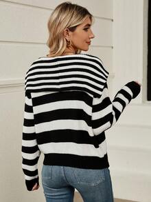 SHEIN LUNE Mẫu sọc Cổ thuỷ thủ Thả vai Áo len - Đen và trắng - Xem 2