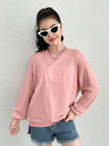 Teen Girl Letter Embossed Drop Shoulder Sweatshirt - Dusty Pink - View 5