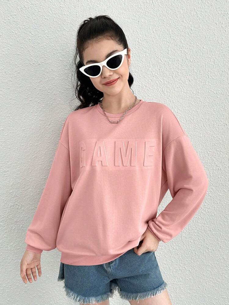 Teen Girl Letter Embossed Drop Shoulder Sweatshirt