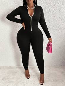 Slaydiva Zip Up Plunging Neck Unitard Jumpsuit - Black - View 5