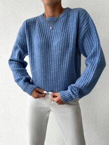 EURMUSE Jersey unicolor de hombros caídos tejido de canalé - Azul - Ver 4