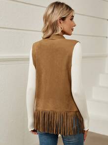 SHEIN LUNE Dames Regular Mouwloos Jasje Met Gevouwen Golvende Kraag En Zoom Franje Afwerking
