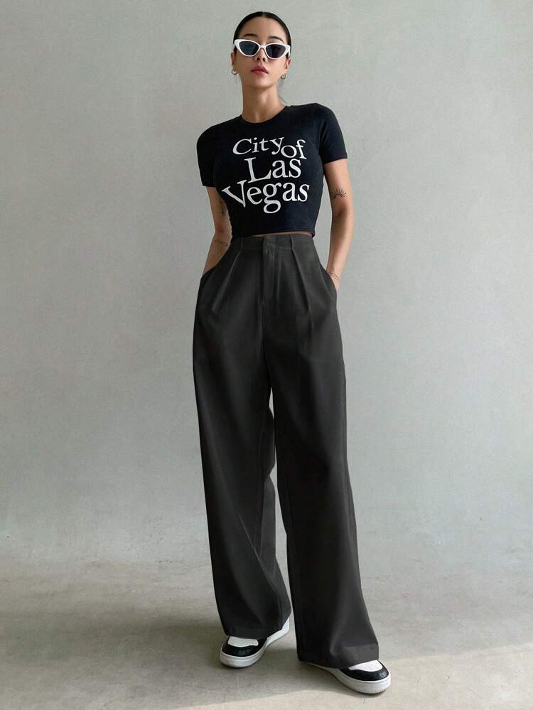Solid Slant Pocket Wide Leg Suit Pants,Women Dress Pants Business Attire