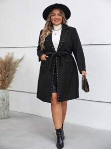 SHEIN Clasi Plus Studded Detail Belted Overcoat - Black - View 4