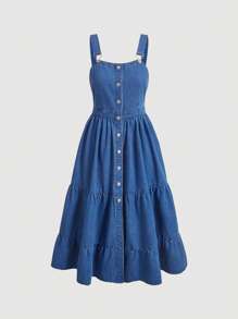 SHEIN MOD 前紐扣荷葉邊牛仔吊帶連衣裙 - 中等水洗藍 - 查看 1