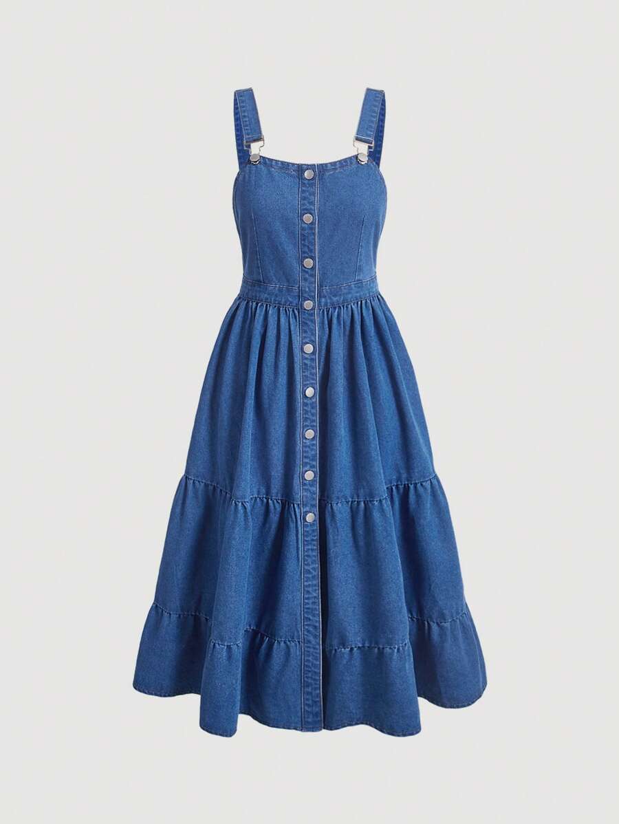 SHEIN MOD 前紐扣荷葉邊牛仔吊帶連衣裙 - 中等水洗藍 - 查看 1
