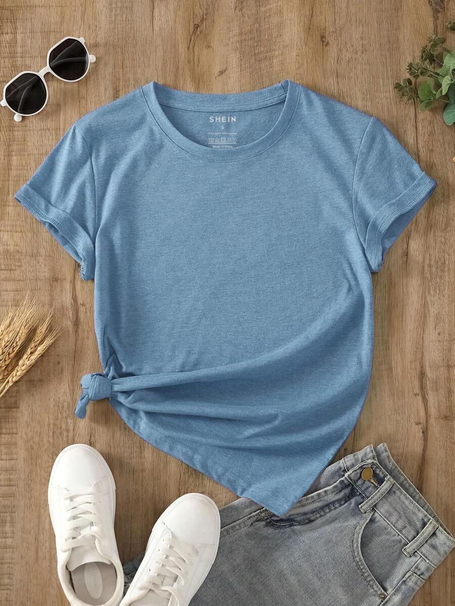 INAWLY Solid Round Neck Tee - Blue - View 1