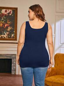 SHEIN LUNE Plus Size Women Christmas Jesień I Zima Ciemnoszary Prążkowany Tkanina U Dekolt Bazowy Tank Top