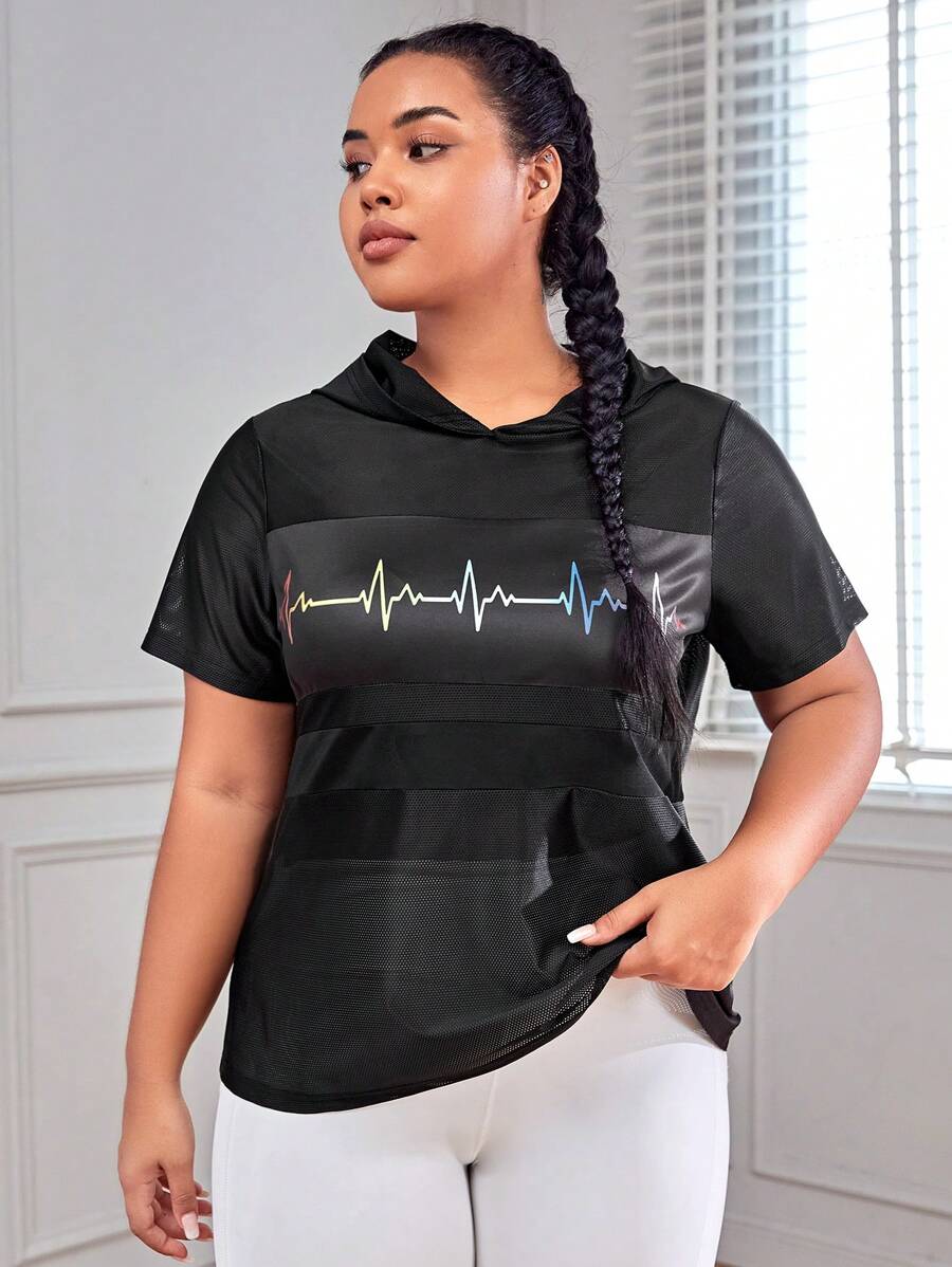 Plus Graphic Print Hooded Sports Tee - Multicolor - View 1