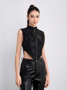 SHEINNeu Nhuộm buộc Dây kéo Viền không đối xứng Áo khoác vest - màu đen - Xem 4