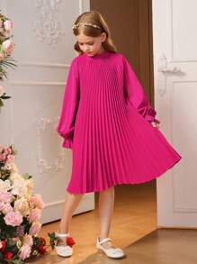 SHEIN Leap Crew 女大童後綁帶蝴蝶結插肩袖百褶細節洋裝 - 玫紅色 - 查看 3