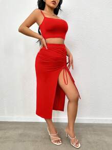 SHEIN Essnce Solid Cami Top & Drawstring Split Thigh Skirt