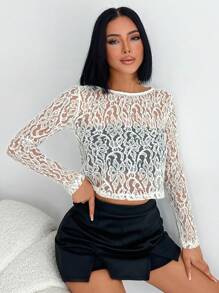 EURMUSE Sheer Crop Lace Cover Up, For Summer Beach Vacation - White - View 3