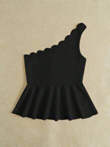 SHEIN Clasi One Shoulder Scallop Trim Peplum Top - Black - View 4