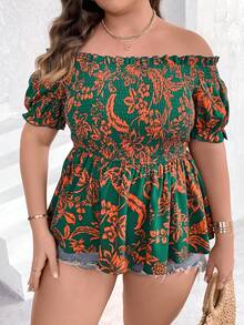 SHEIN Holidaya Plus Floral Print Off Shoulder Peplum Blouse - Dark Green - View 5