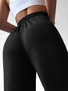 EURMUSE Solid Elastic Waist Straight Leg Trousers - Black - View 3