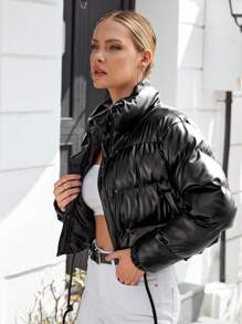 EURMUSE Drawstring Hem Zip Up Puffer Coat - Black - View 3