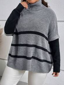 SHEIN Clasi Hơn Mẫu sọc Áo cao cổ Thả vai Áo len - Xám - Xem 3