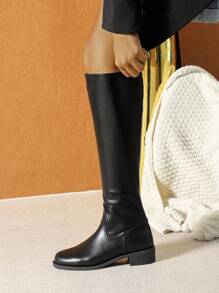 女士时尚过膝长靴，黑色侧拉链百搭高筒靴，圆头粗跟长筒舒适冬靴，女士马术靴，派对靴 - 黑色 - 查看 6